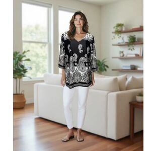 Melissa Paige Black and White 3/4 Sleeve Tunic V Neck Blouse Size Petite XL